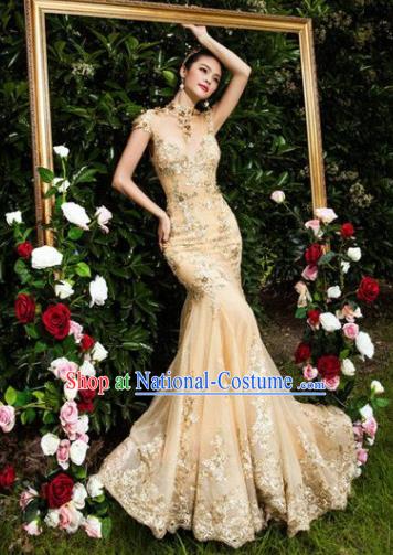 Top Grade Compere Costume Wedding Dress Modern Dance Party Catwalks Golden Full Dress for Women