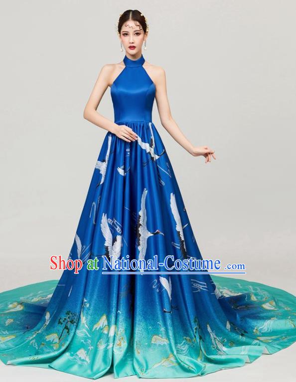 Chinese National Catwalks Printing Cranes Blue Trailing Cheongsam Traditional Costume Tang Suit Qipao Dress for Women