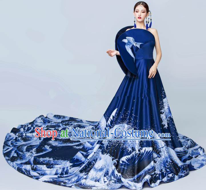 Top Grade Catwalks Royalblue Trailing Full Dress Chorus Compere Modern Dance Party Costume for Women