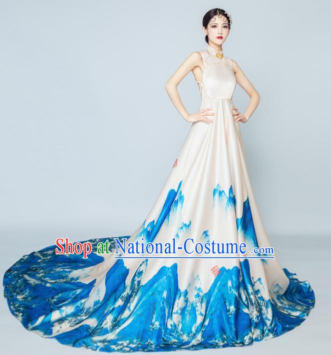 Top Grade Chorus Compere Costume Modern Dance Party Catwalks Printing Mountain Trailing Full Dress for Women