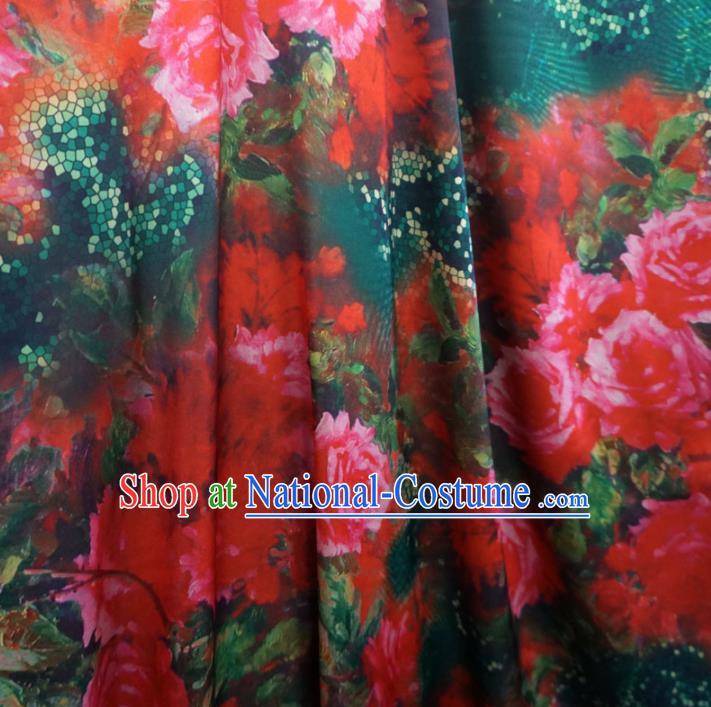 Asian Chinese Traditional Red Roses Pattern Design Watered Gauze Cheongsam Silk Fabric Chinese Fabric Material