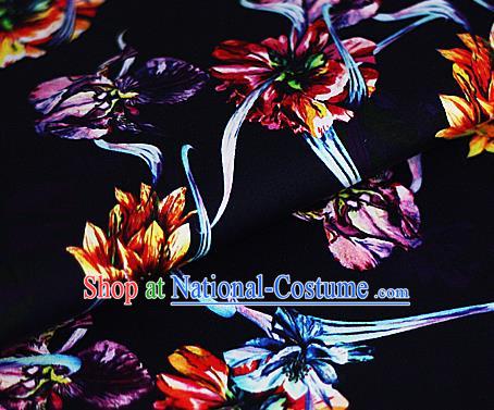 Chinese Classical Printing Flowers Pattern Design Black Brocade Cheongsam Silk Fabric Chinese Traditional Satin Fabric Material