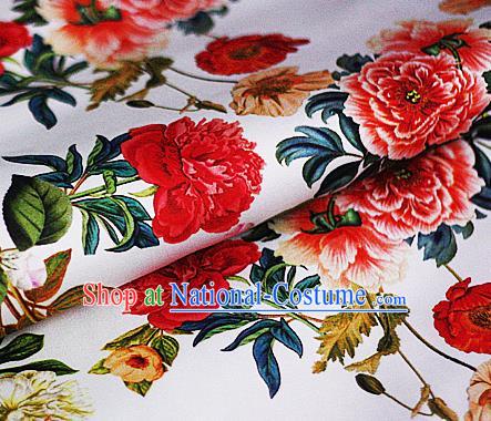 Chinese Classical Printing Peony Pattern Design White Brocade Cheongsam Silk Fabric Chinese Traditional Satin Fabric Material