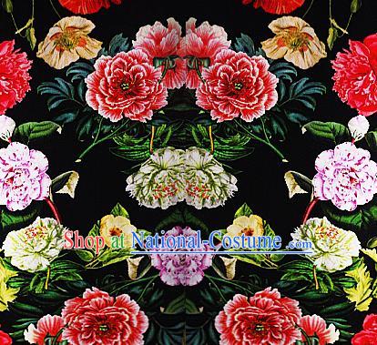 Chinese Classical Printing Peony Pattern Design Black Brocade Cheongsam Silk Fabric Chinese Traditional Satin Fabric Material