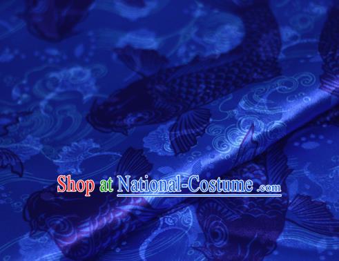 Chinese Classical Carps Pattern Design Blue Brocade Cheongsam Silk Fabric Chinese Traditional Satin Fabric Material