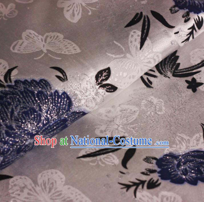 Chinese Classical Blue Peony Pattern Design Brocade Cheongsam Silk Fabric Chinese Traditional Satin Fabric Material