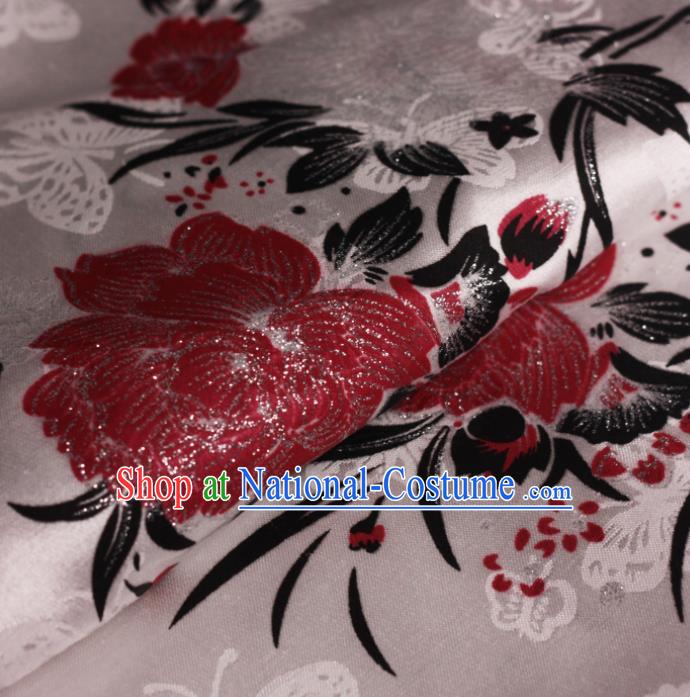 Chinese Classical Red Peony Pattern Design Brocade Cheongsam Silk Fabric Chinese Traditional Satin Fabric Material