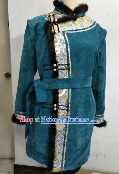 Chinese Traditional Mongolian Ethnic Green Coat Mongol Nationality Female Dress Costume for Women