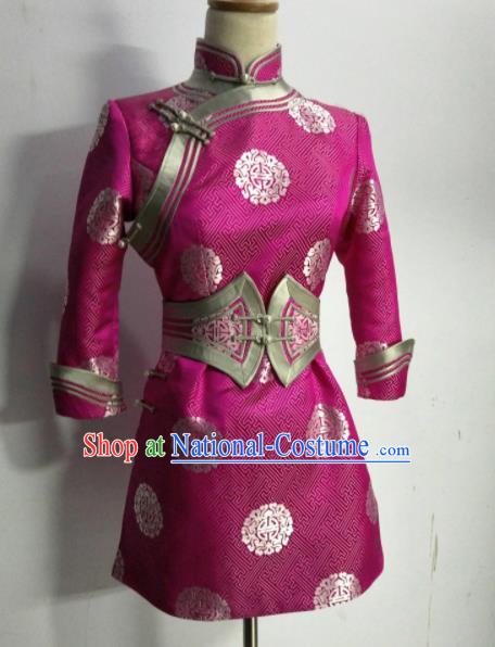 Chinese Traditional Mongolian Ethnic Rosy Robe Mongol Nationality Female Dress Costume for Women