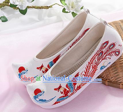 Chinese Traditional Hanfu White Shoes Embroidered Phoenix Shoes Handmade Ancient Princess Shoes for Women