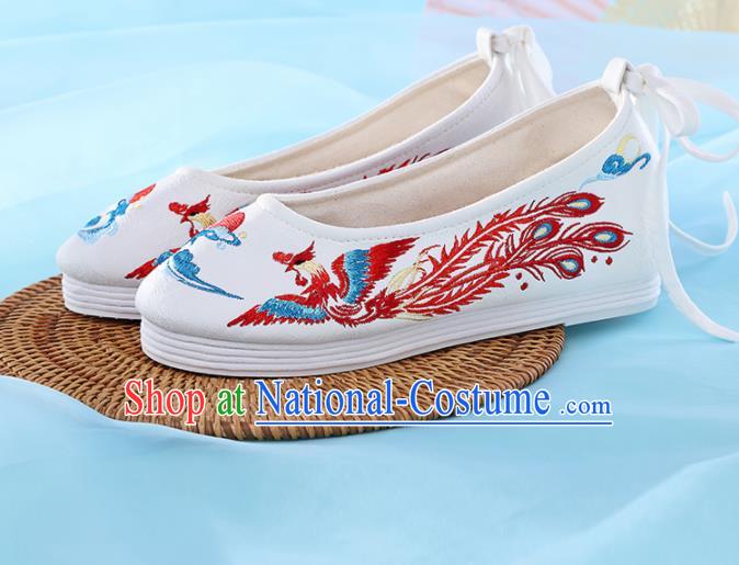 Chinese Traditional Hanfu Shoes White Embroidered Phoenix Shoes Handmade Ancient Princess Shoes for Women