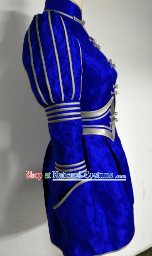 Chinese Traditional Mongolian Ethnic Deep Blue Robe Mongol Nationality Female Dress Costume for Women