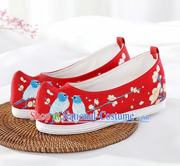 Chinese Traditional Hanfu Shoes Red Embroidered Birds Shoes Handmade Ancient Princess Shoes for Women