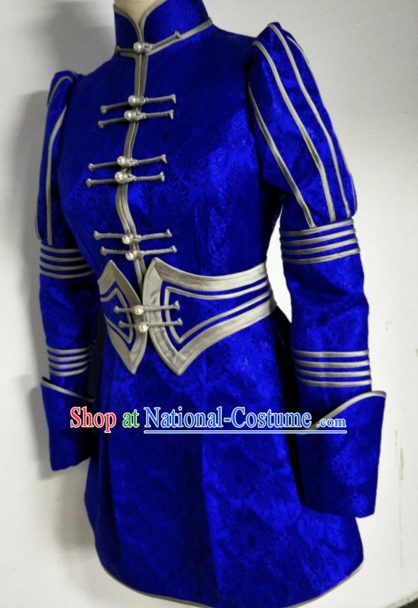 Chinese Traditional Mongolian Ethnic Deep Blue Robe Mongol Nationality Female Dress Costume for Women