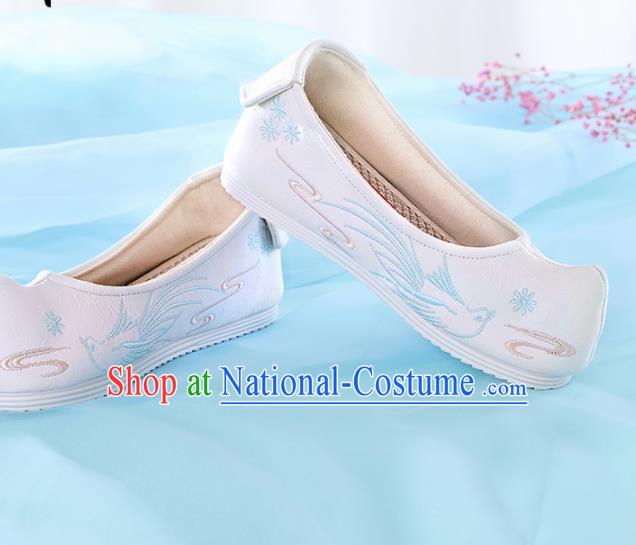 Chinese Traditional Hanfu Shoes Embroidered Bird White Shoes Handmade Ancient Princess Shoes for Women