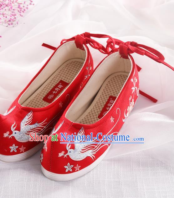 Chinese Traditional Hanfu Shoes Embroidered Birds Red Shoes Handmade Ancient Princess Shoes for Women