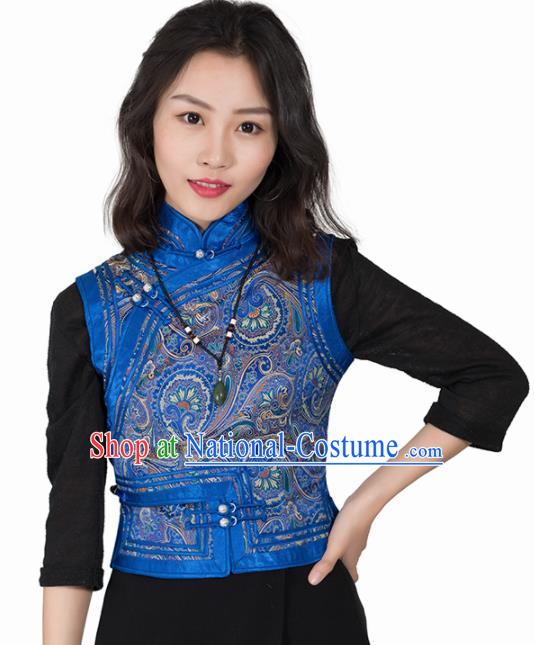 Chinese Traditional Mongolian Ethnic Blue Vest Mongol Nationality Waistcoat Costume for Women