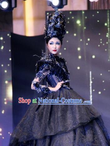 Handmade Europe Court Modern Fancywork Stage Show Black Full Dress Halloween Cosplay Queen Fancy Ball Costume for Women