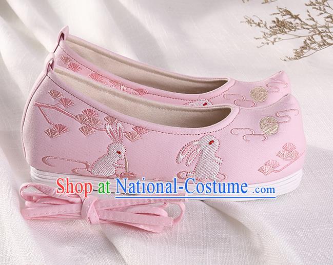 Chinese Traditional Hanfu Cloth Shoes Embroidered Rabbit Pink Shoes Handmade Ancient Princess Shoes for Women