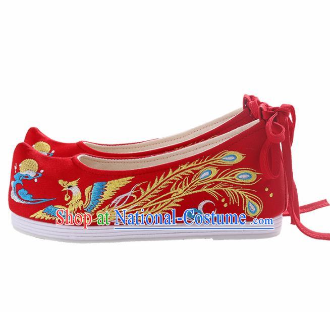 Chinese Traditional Hanfu Cloth Shoes Embroidered Phoenix Red Shoes Handmade Ancient Princess Shoes for Women