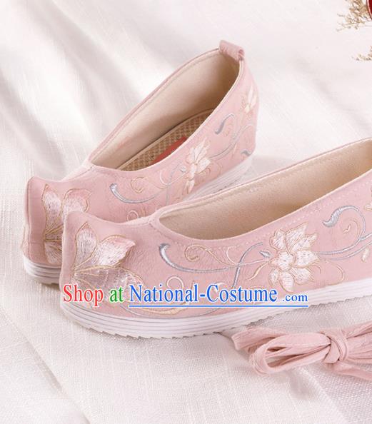 Chinese Traditional Hanfu Cloth Shoes Embroidered Lotus Pink Shoes Handmade Ancient Princess Shoes for Women