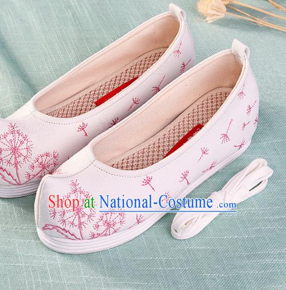 Chinese Traditional Hanfu Cloth Shoes Embroidered Dandelion White Shoes Handmade Ancient Princess Shoes for Women