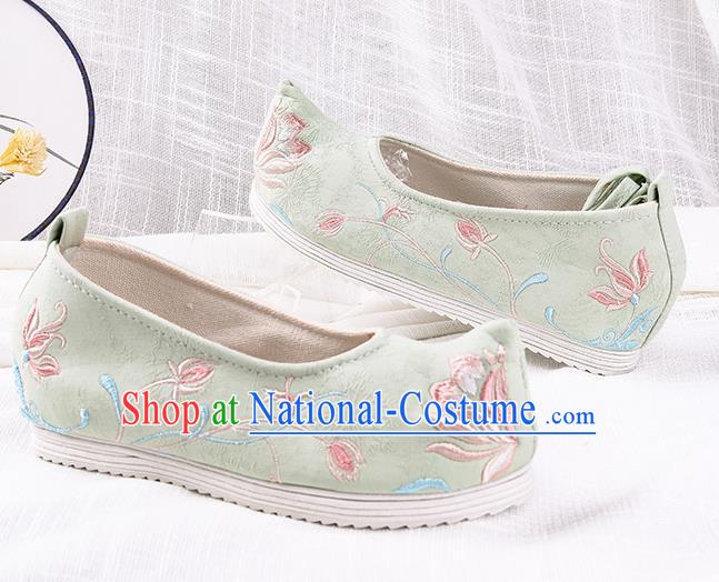 Chinese Traditional Hanfu Cloth Shoes Embroidered Orchid Green Shoes Handmade Ancient Princess Shoes for Women