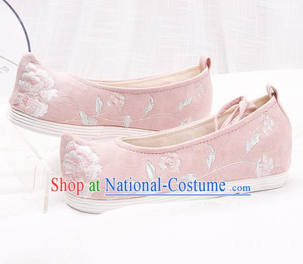 Chinese Traditional Embroidered Peony Pink Shoes Hanfu Cloth Shoes Handmade Ancient Princess Shoes for Women