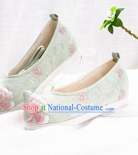 Chinese Traditional Embroidered Peony Green Shoes Hanfu Cloth Shoes Handmade Ancient Princess Shoes for Women