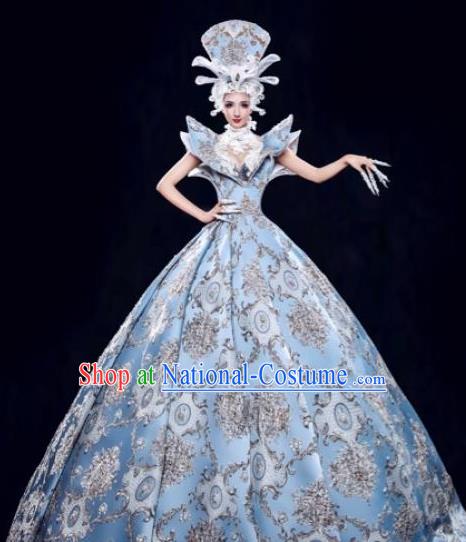 Handmade Modern Fancywork Stage Show Court Blue Dress Halloween Cosplay Queen Fancy Ball Costume for Women