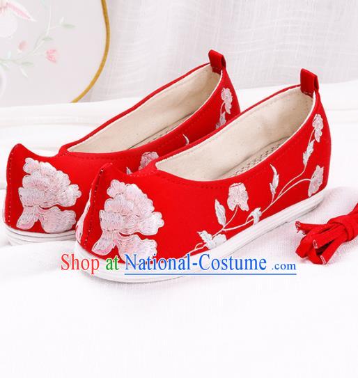 Chinese Traditional Embroidered Peony Red Shoes Hanfu Cloth Shoes Handmade Ancient Princess Shoes for Women