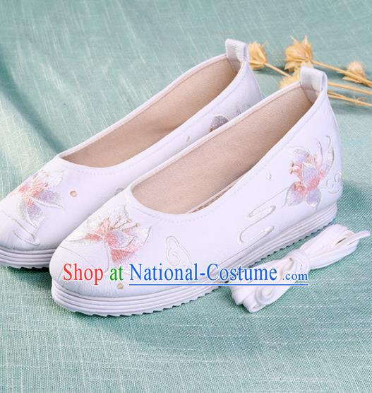 Chinese Traditional Embroidered Lotus White Shoes Hanfu Cloth Shoes Handmade Ancient Princess Shoes for Women