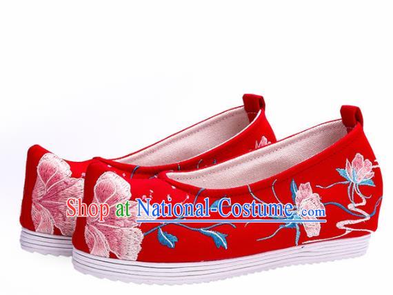 Chinese Traditional Red Embroidered Flowers Shoes Hanfu Cloth Shoes Handmade Ancient Princess Shoes for Women