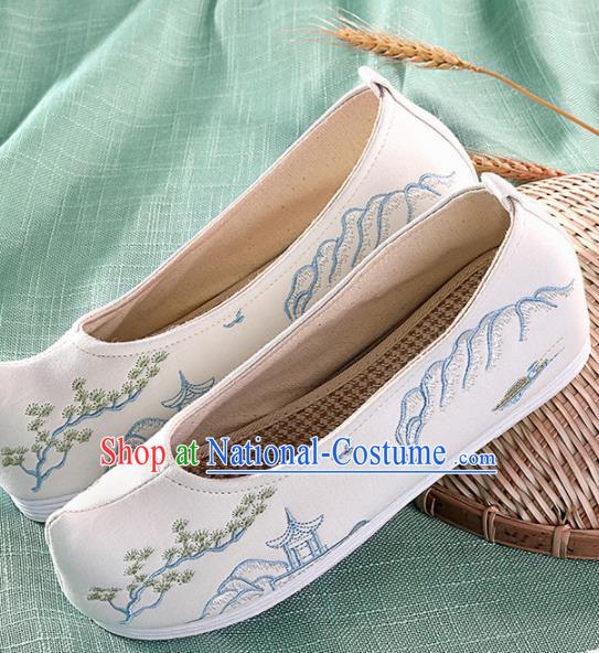 Chinese Traditional Embroidered Pavilion White Shoes Hanfu Cloth Shoes Handmade Ancient Princess Shoes for Women