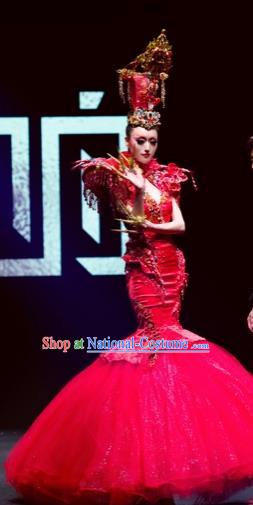 Traditional Chinese Catwalks Costume Stage Show Modern Fancywork Red Veil Fishtail Dress for Women