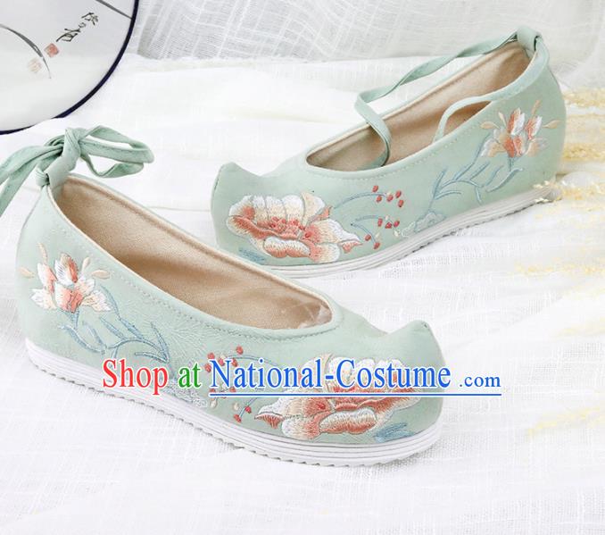 Chinese Traditional Embroidered Peony Green Shoes Hanfu Cloth Shoes Handmade Ancient Princess Shoes for Women