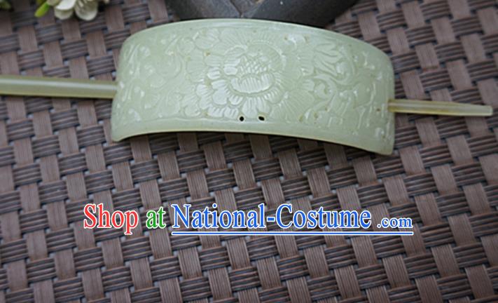 Chinese Handmade Jade Hairpins Carving Peony Flowers Jade Hairdo Crown Hair Accessories for Women for Men