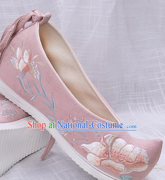 Chinese Traditional Embroidered Peony Pink Shoes Hanfu Cloth Shoes Handmade Ancient Princess Shoes for Women