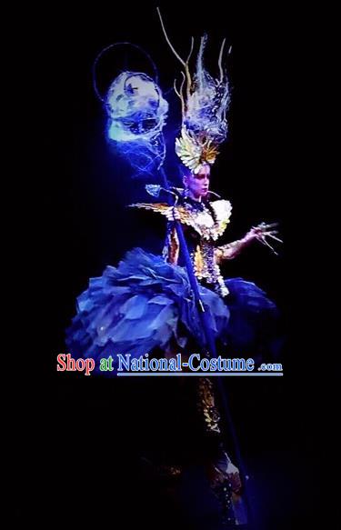 Handmade Europe Court Stage Show Blue Clothing Halloween Cosplay Fancy Ball Modern Fancywork Costume for Women