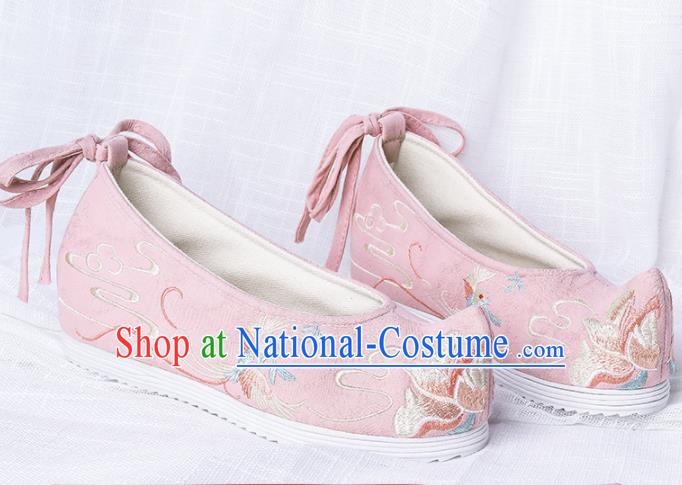 Chinese Traditional Embroidered Phoenix Peony Pink Shoes Hanfu Cloth Shoes Handmade Ancient Princess Shoes for Women