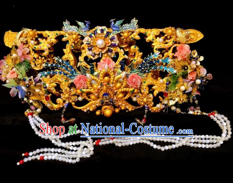 Chinese Traditional Stage Show Qing Dynasty Phoenix Coronet Deluxe Hair Accessories Handmade Cosplay Queen Hat Headwear for Women