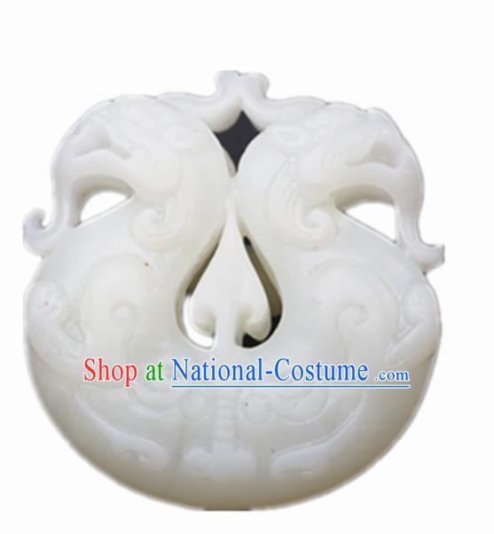 Chinese Handmade Carving Double Dragons White Jade Pendant Traditional Jade Craft Jewelry Accessories