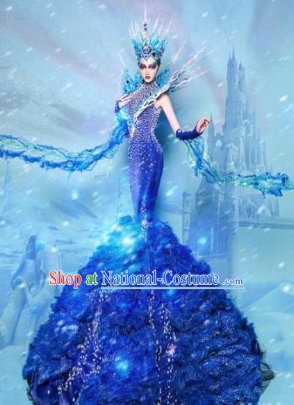 Handmade Modern Fancywork Stage Show Court Blue Fishtail Full Dress Halloween Cosplay Queen Fancy Ball Costume for Women