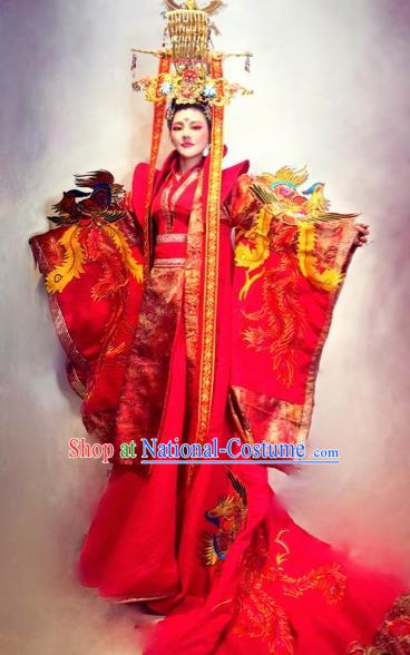 Traditional Chinese Cosplay Queen Costume Stage Show Modern Fancywork Red Dress for Women