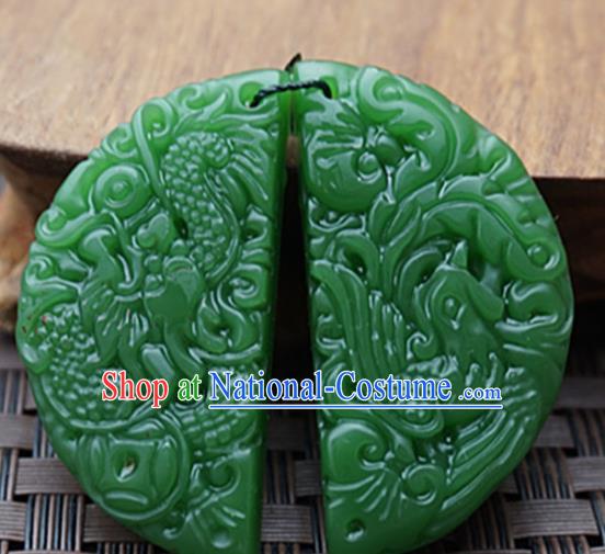 Chinese Handmade Jewelry Accessories Carving Dragon Phoenix Green Jade Pendant Ancient Traditional Jade Craft Decoration