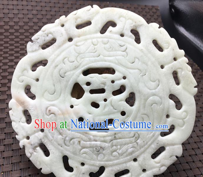 Chinese Handmade Carving Dragon White Jade Ring Pendant Jewelry Accessories Ancient Traditional Jade Craft Decoration