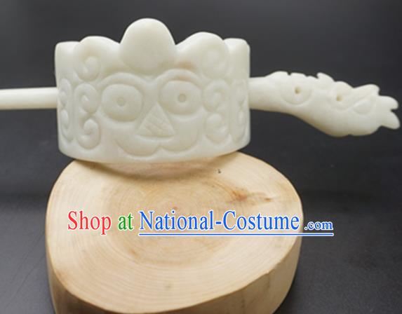 Handmade Chinese White Jade Carving Beast Hairdo Crown Ancient Swordsman Jade Hairpins Hair Accessories for Women for Men