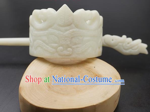 Handmade Chinese White Jade Carving Hairdo Crown Ancient Swordsman Jade Hairpins Hair Accessories for Women for Men