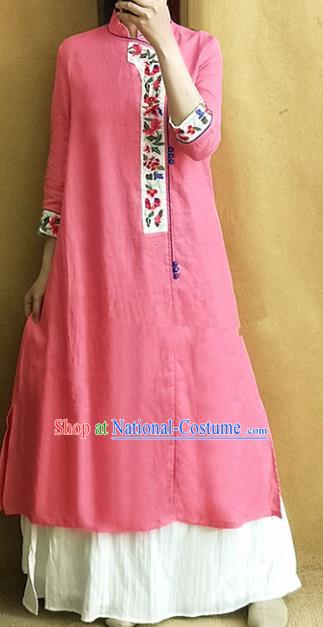 Traditional Chinese Tang Suit Cheongsam Embroidered Pink Qipao Dress National Costume for Women