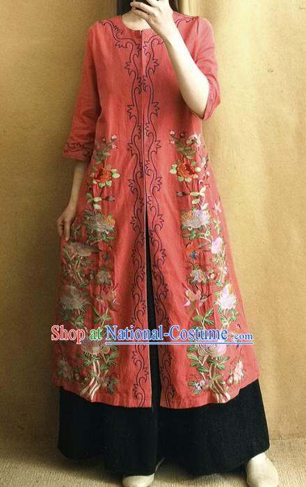 Traditional Chinese Embroidered Chrysanthemum Outer Garment Tang Suit Red Coat National Costume for Women